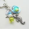 Sea Green Iridescent Mermaid Scale Silver Seahorse Keyring Bag Charm  KCJ2306