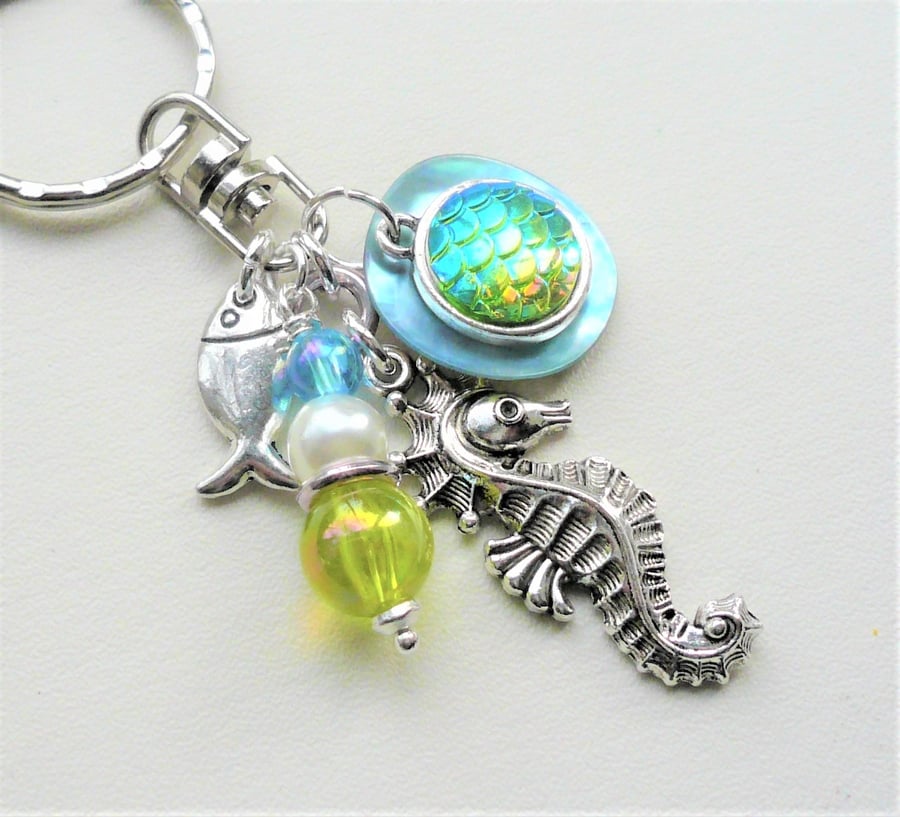 Sea Green Iridescent Mermaid Scale Silver Seahorse Keyring Bag Charm  KCJ2306