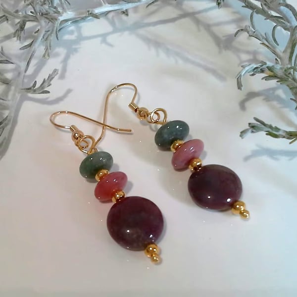Fancy Jasper  &  Toffee Agate Gold Plate Earrings
