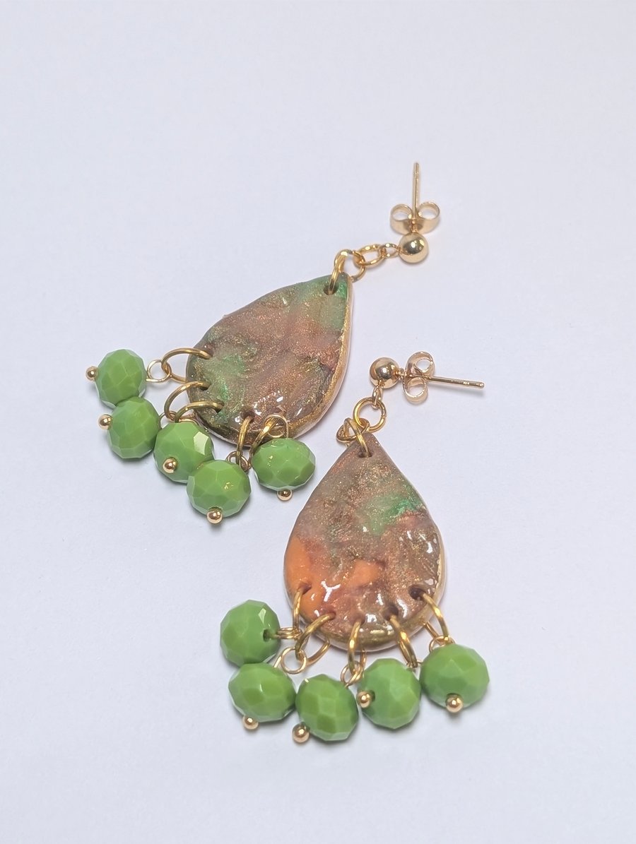 Green beaded teardrop textured polymer clay Earring