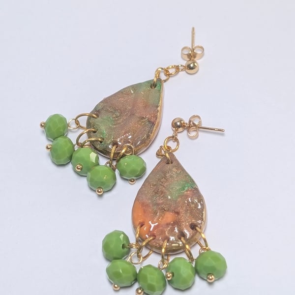 Green beaded teardrop textured polymer clay Earring