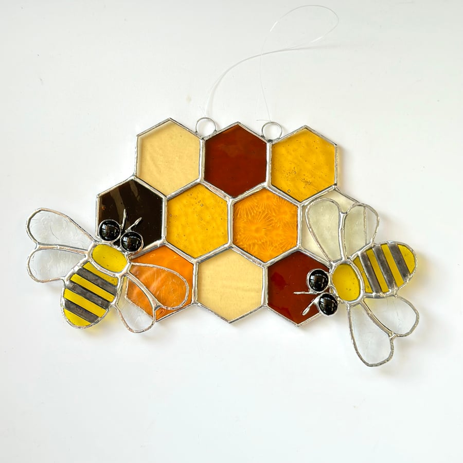 Stained Glass Large Honeycomb and Bee Suncatcher - Handmade Window Decoration 