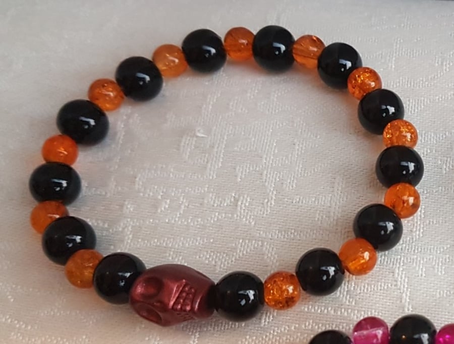 Spooky Bead and Skull Stretch Bracelet - Pumpkin Orange - SALE