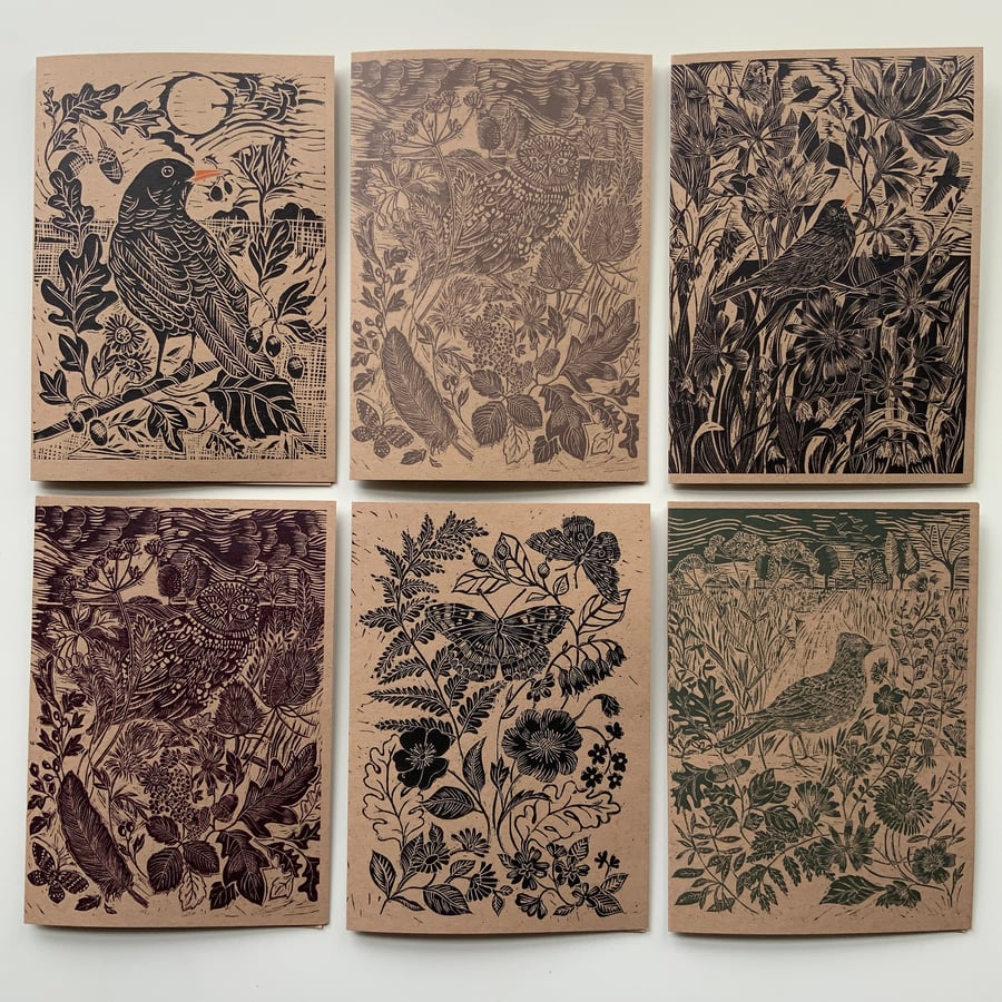 Linocut print cards Pack of 6 A6 sized Blank Greeting cards - Nature inspired - 
