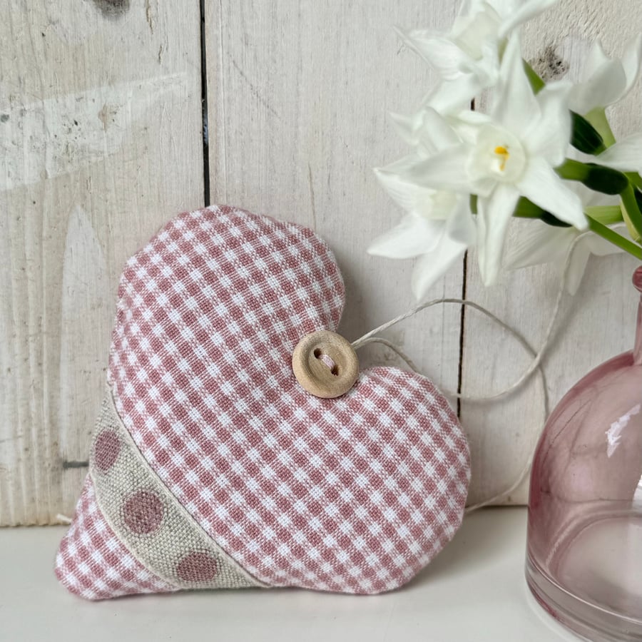 HEART DECORATION - pale pink gingham, dotted linen ribbon