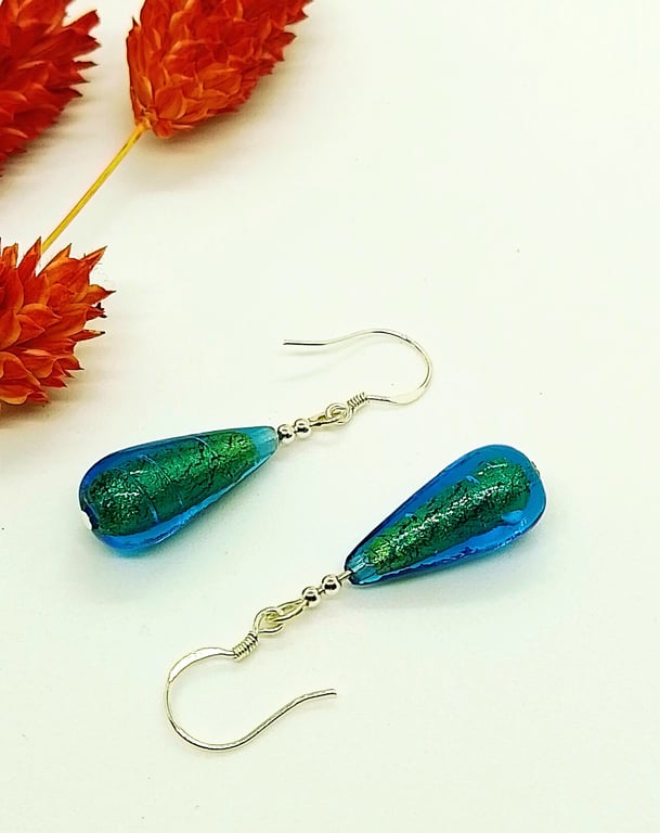 Kingfisher Blue Murano Glass Drop Earrings, Sterling Silver Beads and Ear Wires