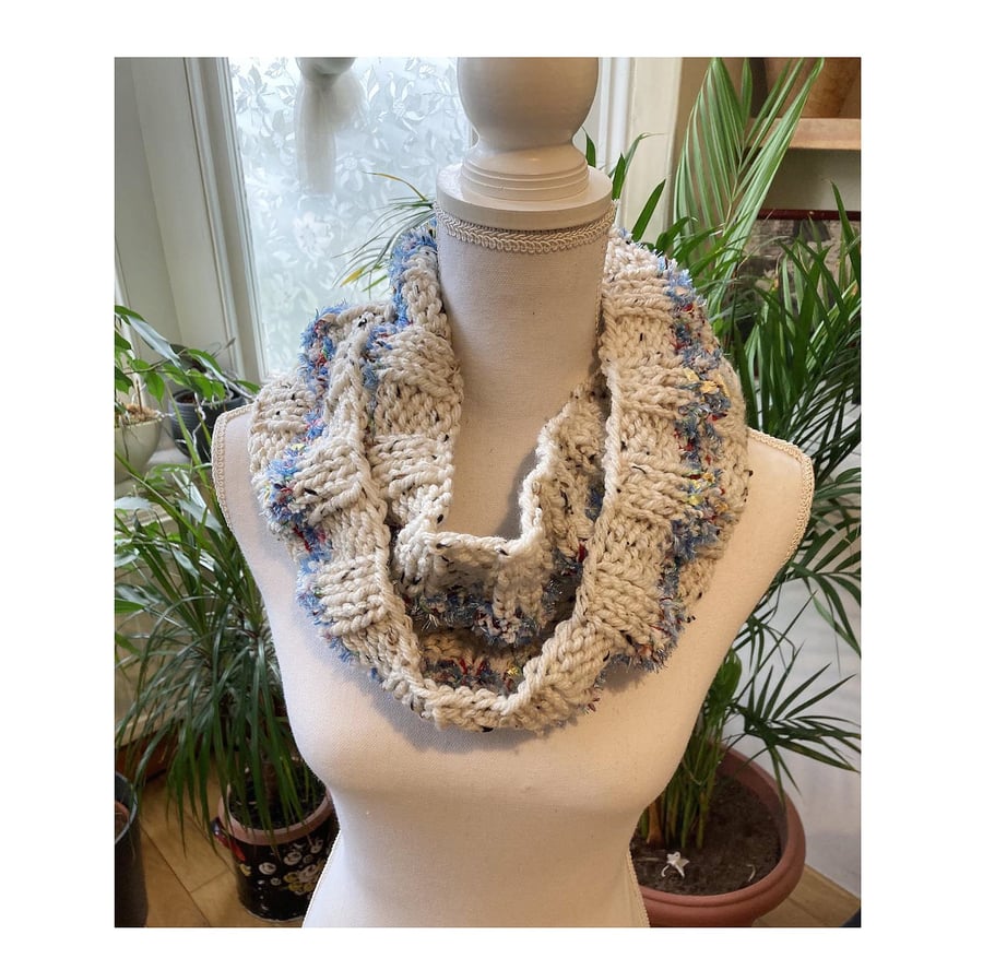 Beige-gray hand knitted infinity shawl neck wrap -head wrap shawl - Boho Wrap