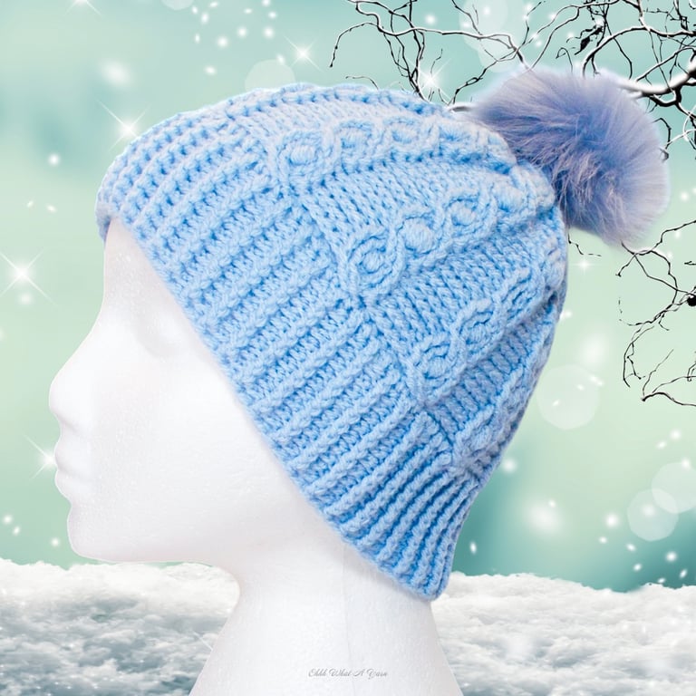 Crochet hat, beanie. Light blue ladies cable pom pom hat.  Ladies hat.