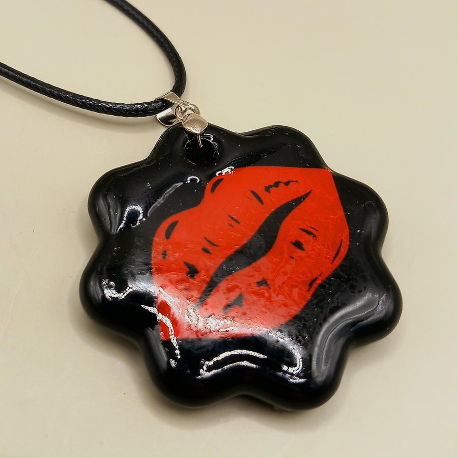 Medium -Sized Handmade Black Star Resin Pendant with Red Lips