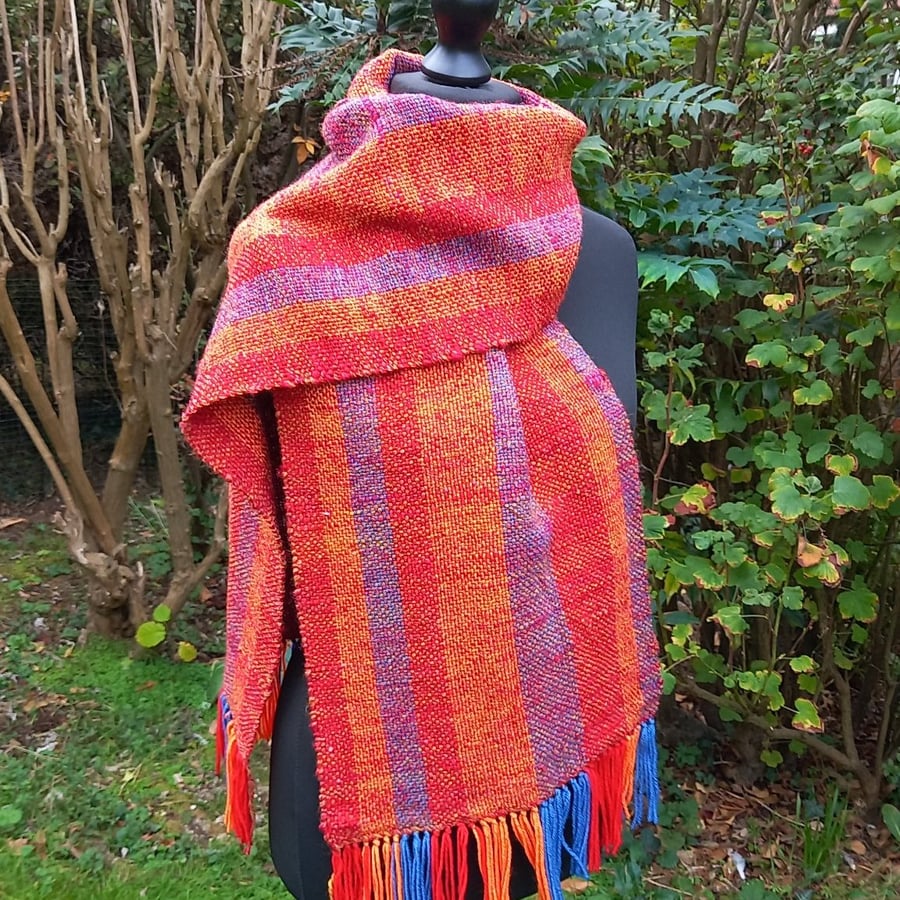 Handwoven Merino & Handspun Wool Scarf – Red, Orange, Blue & Gold