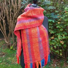 Handwoven Merino & Handspun Wool Scarf – Red, Orange, Blue & Gold