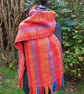 Handwoven Merino & Handspun Wool Scarf – Red, Orange, Blue & Gold