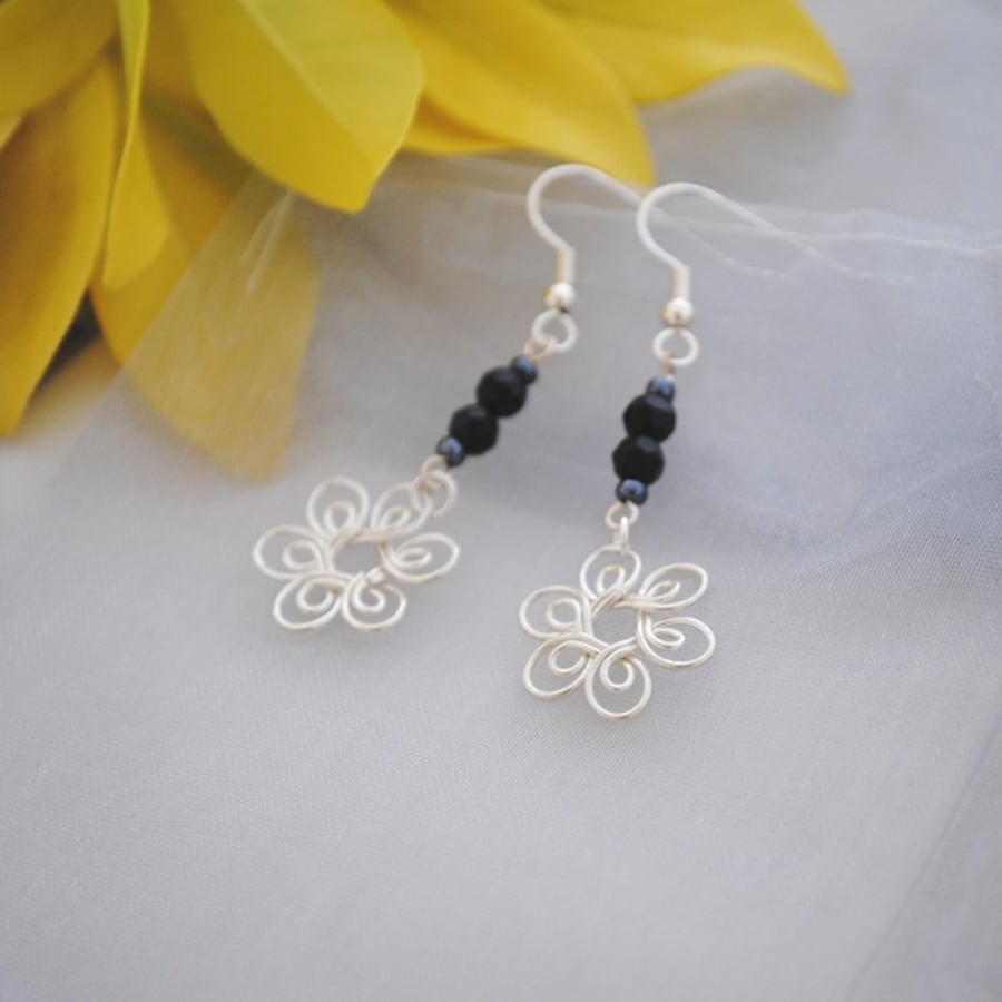 Silver flower & black bead earrings