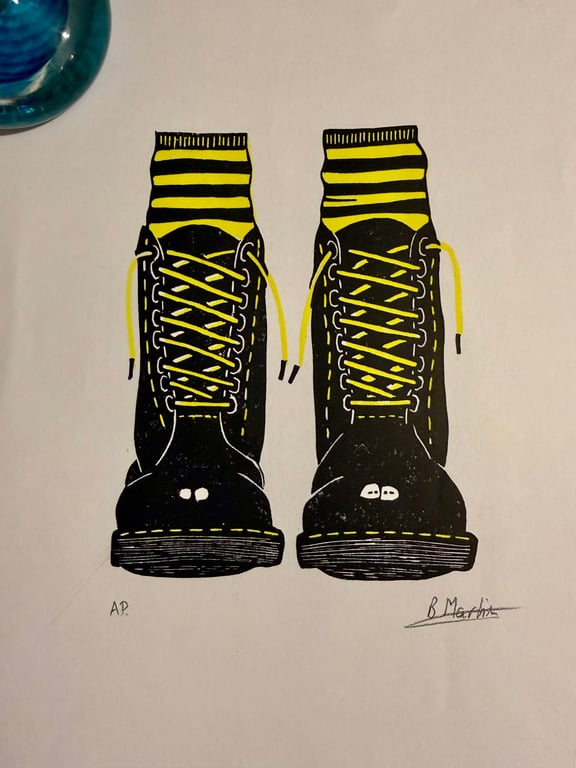 Perfectly Imperfect Docs and Socks: Hand-Burnished Lino Cut