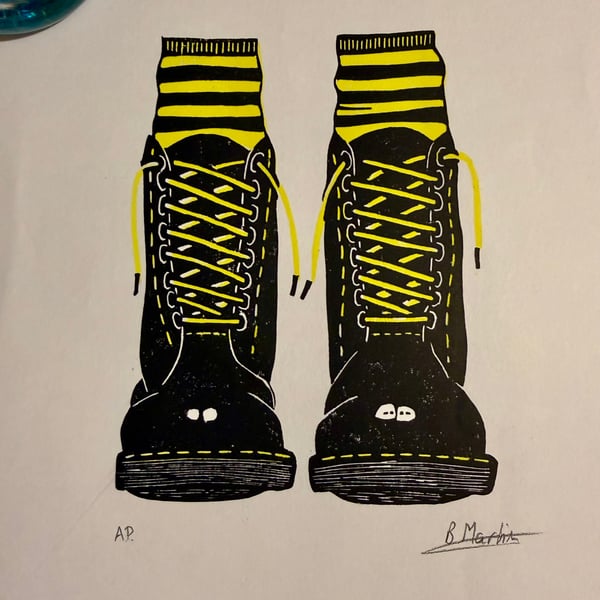 Perfectly Imperfect Docs and Socks: Hand-Burnished Lino Cut