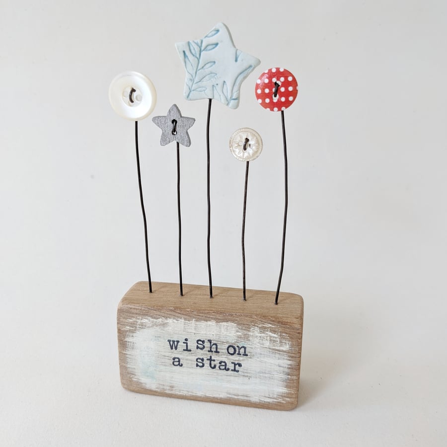 Clay Star and Buttons in a Painted Wood Block 'wish on a star'
