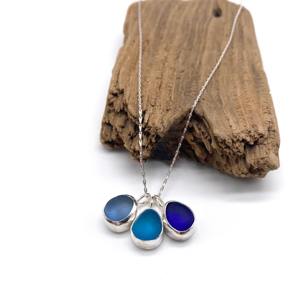 Beautiful Blues Cluster Sea Glass Necklace