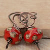 Red Beige Polka Dot Lampwork Glass Bead and Copper Earrings 