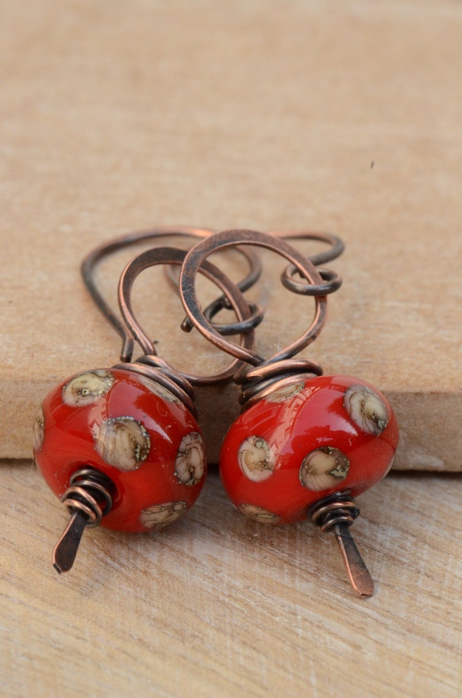 Red Beige Polka Dot Lampwork Glass Bead and Copper Earrings 