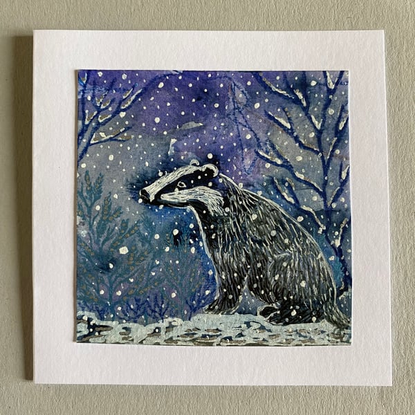 Hand painted Snowy badger card