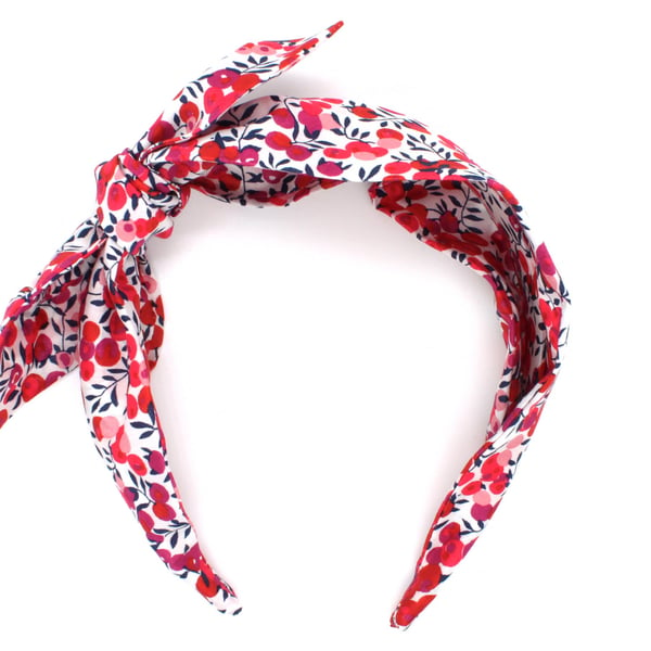 Liberty Fabric Women's Side Bow Headband, Wiltshire Berry S Red Print