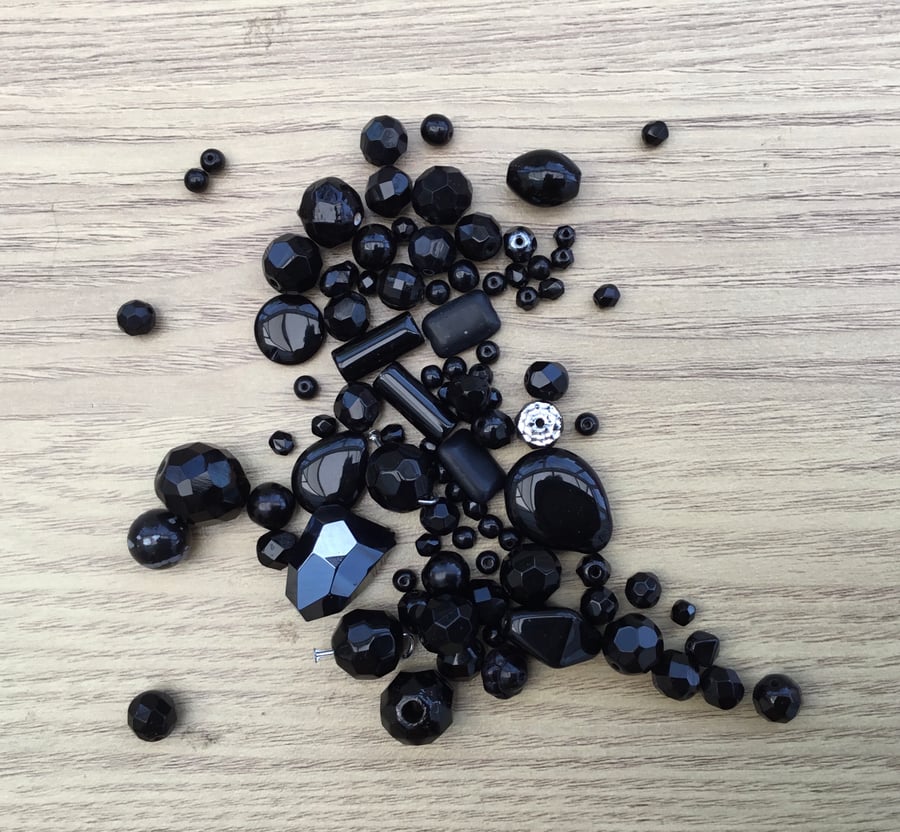 Mixed Set Black Facetted and Smooth Glass Beads, Jewellery or Craft Designers