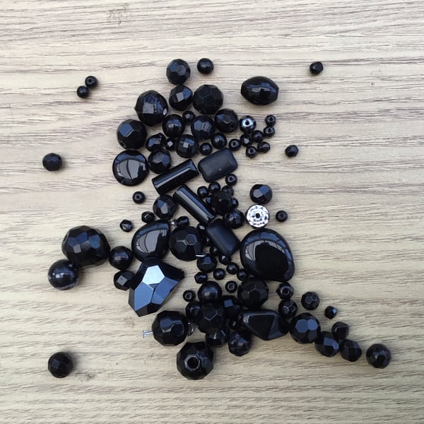 Mixed Set Black Facetted and Smooth Glass Beads, Jewellery or Craft Designers