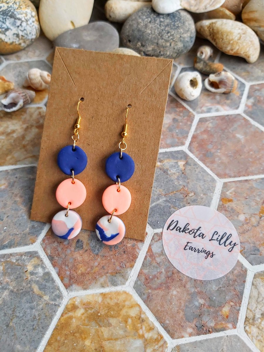 Blue, pink and white triple drop earrings