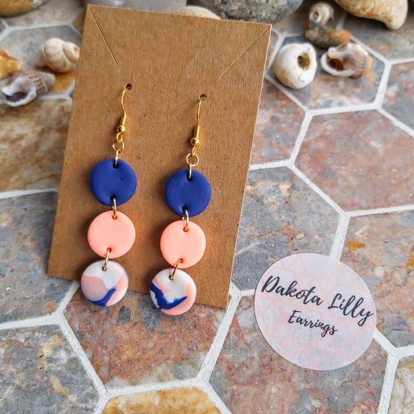 Blue, pink and white triple drop earrings