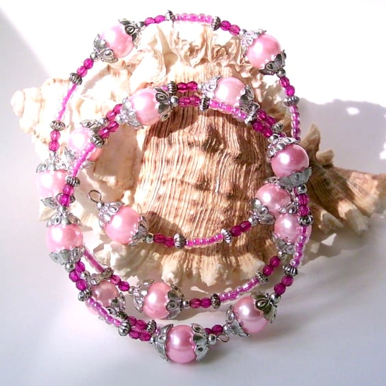 Pink Glass Pearls Cuff Bracelet, with Seed Beads & Silver-tone Accents 