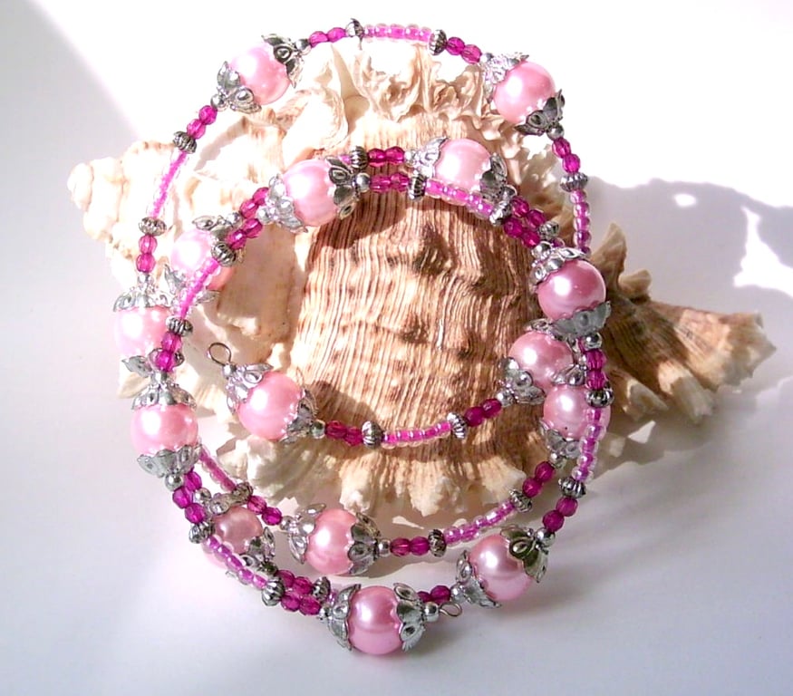 Pink Glass Pearls Cuff Bracelet, with Seed Beads & Silver-tone Accents 