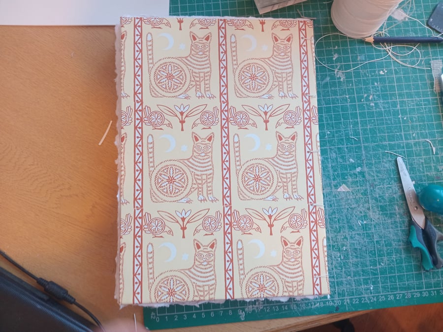 Sketchbook A4 Cotton rag watercolour open spine coptic with cat blockprint cover