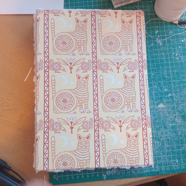 Sketchbook A4 Cotton rag watercolour open spine coptic with cat blockprint cover