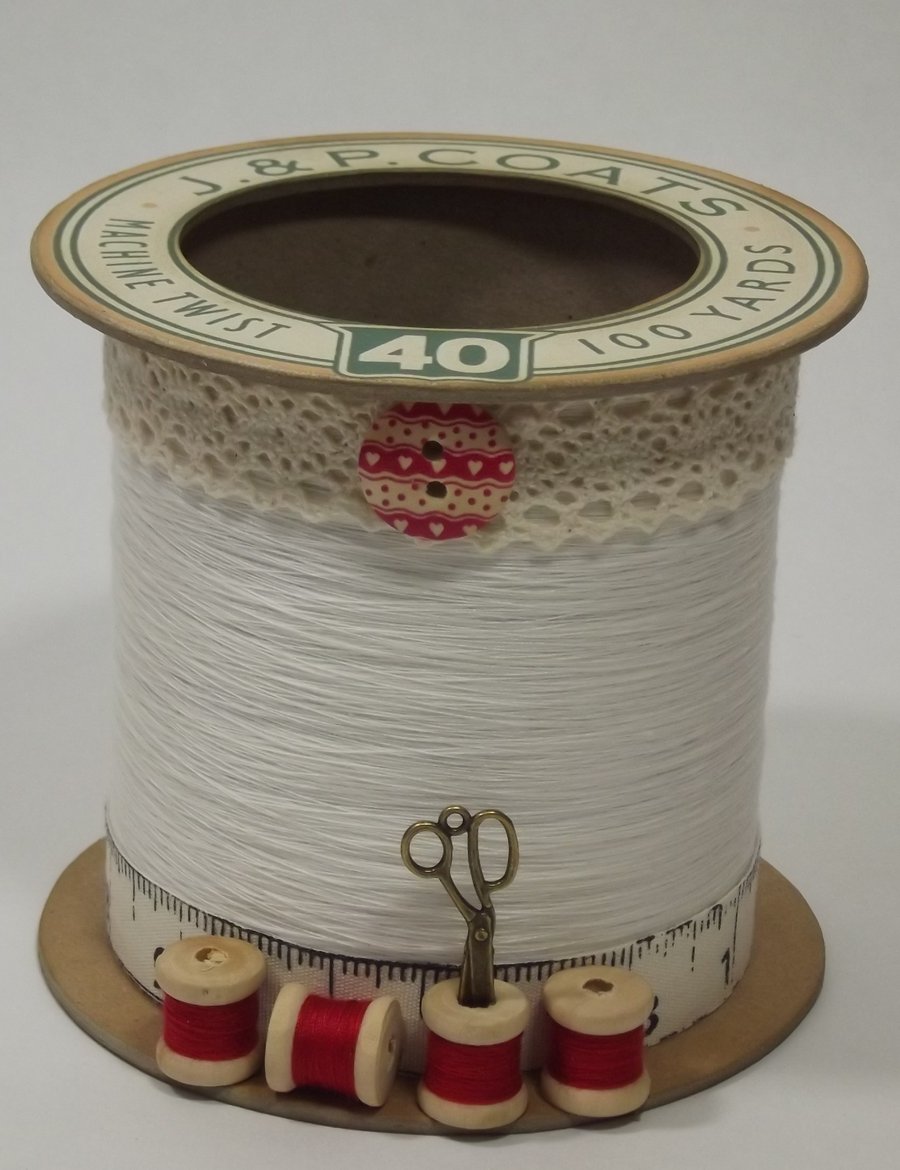 Red and Cream Cotton Reel Style Storage Pot