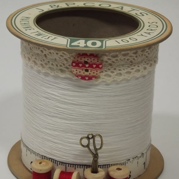 Red and Cream Cotton Reel Style Storage Pot