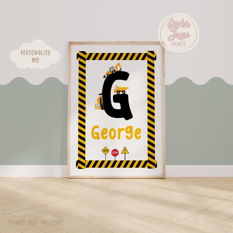 Personalised Construction Print, Boy Nursery Decor, Digger and Trucks Wall Art