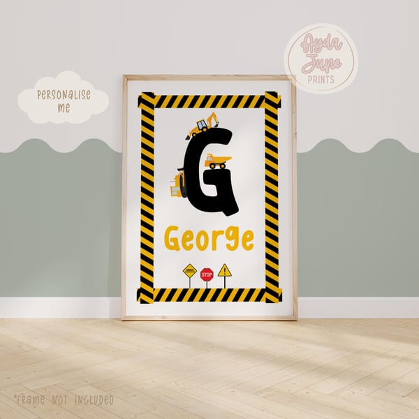 Personalised Construction Print, Boy Nursery Decor, Digger and Trucks Wall Art