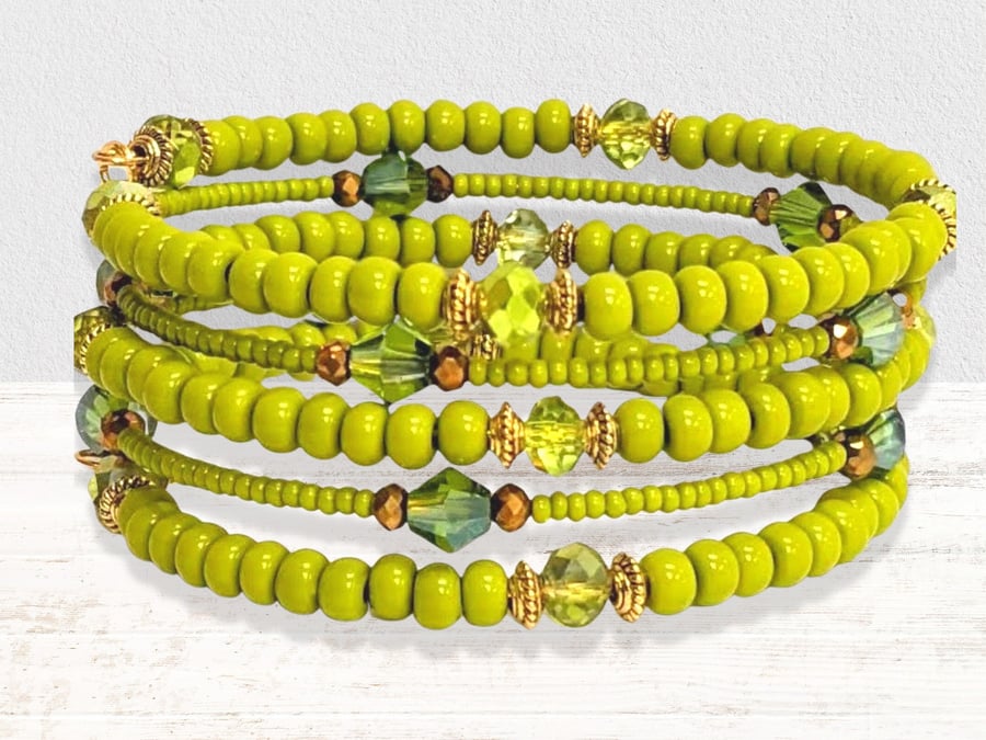 Memory Wire Bracelet in Lime Green and Gold, Beaded Stacked Cuff Bangle