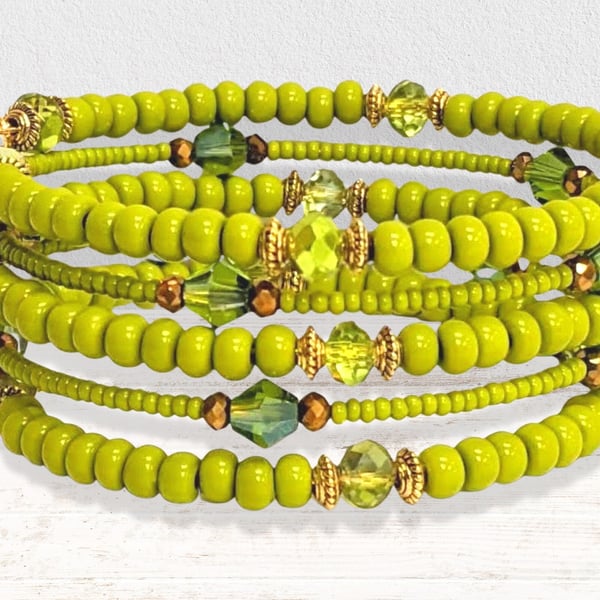 Memory Wire Bracelet in Lime Green and Gold, Beaded Stacked Cuff Bangle