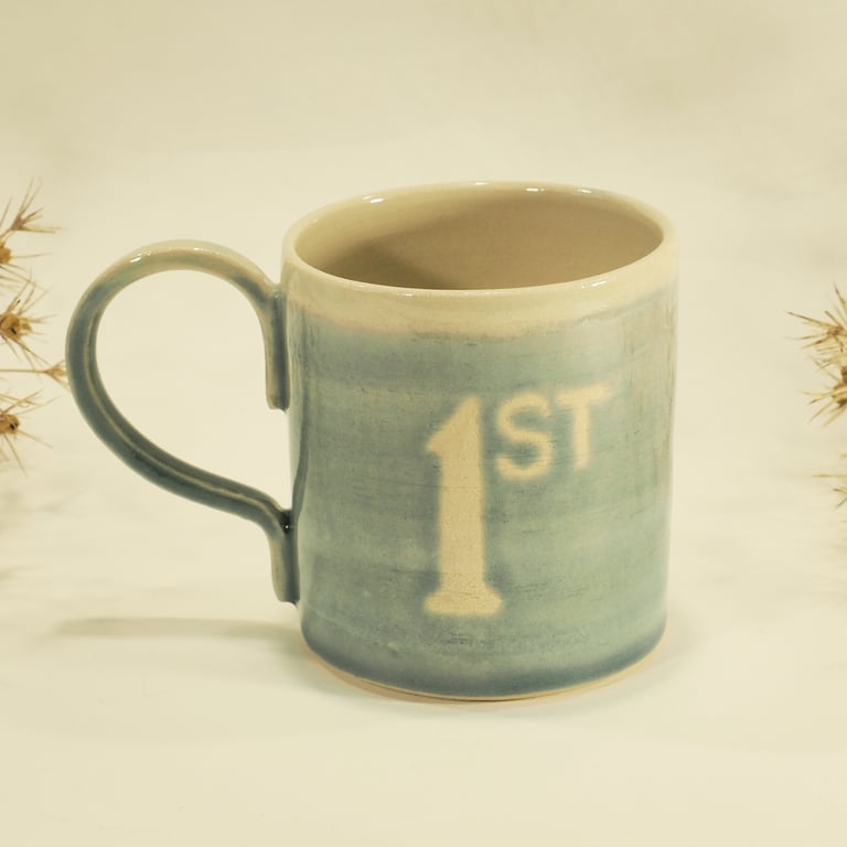 Transparent Blue 'First' mug