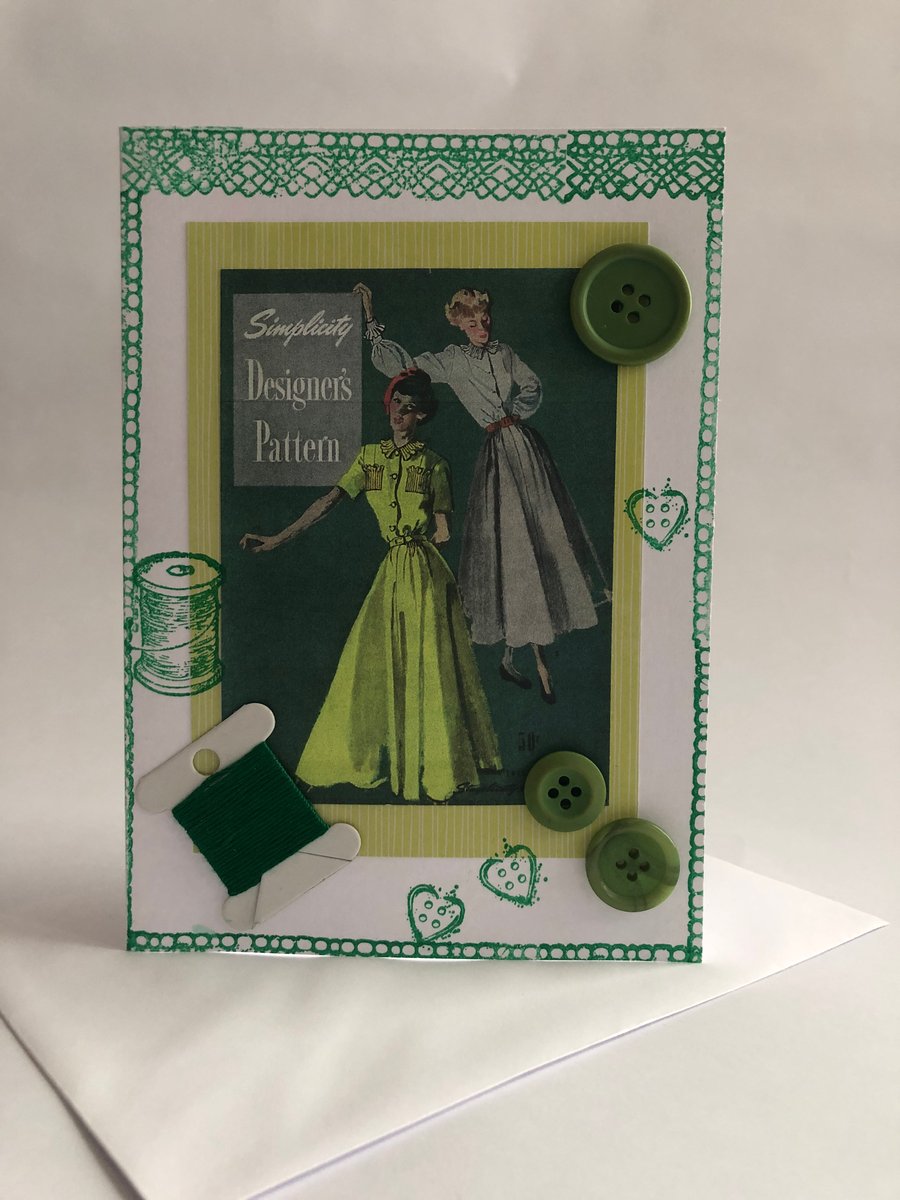 Embellished Vintage Simplicity 1950s Dress Sewing Pattern Blank Birthday Card 