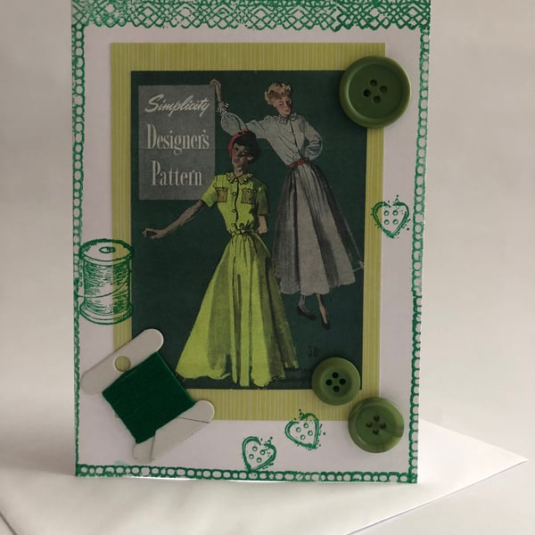 Embellished Vintage Simplicity 1950s Dress Sewing Pattern Blank Greeting Card 