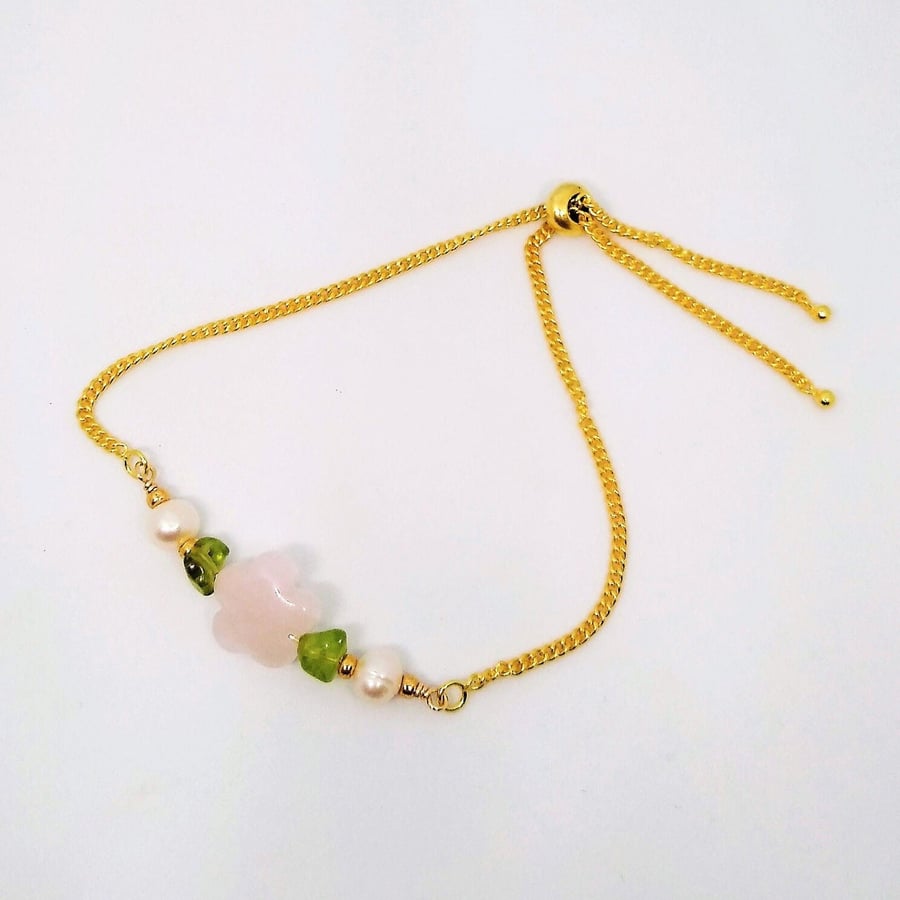 Rose Quartz Flower and Pearl Gold Plated  Chain Slider Bracelet