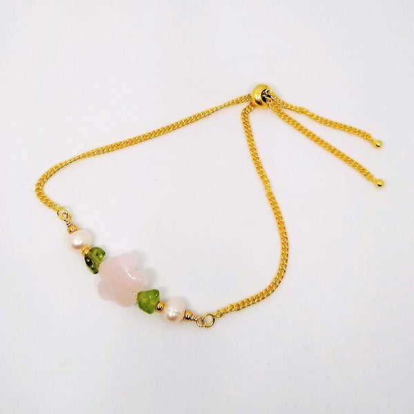 Rose Quartz Flower and Pearl Gold Plated  Chain Slider Bracelet