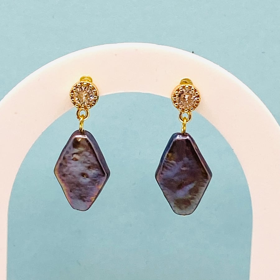 Metalic Blue Freshwater Pearl  Gold Plated Zircon Earrings