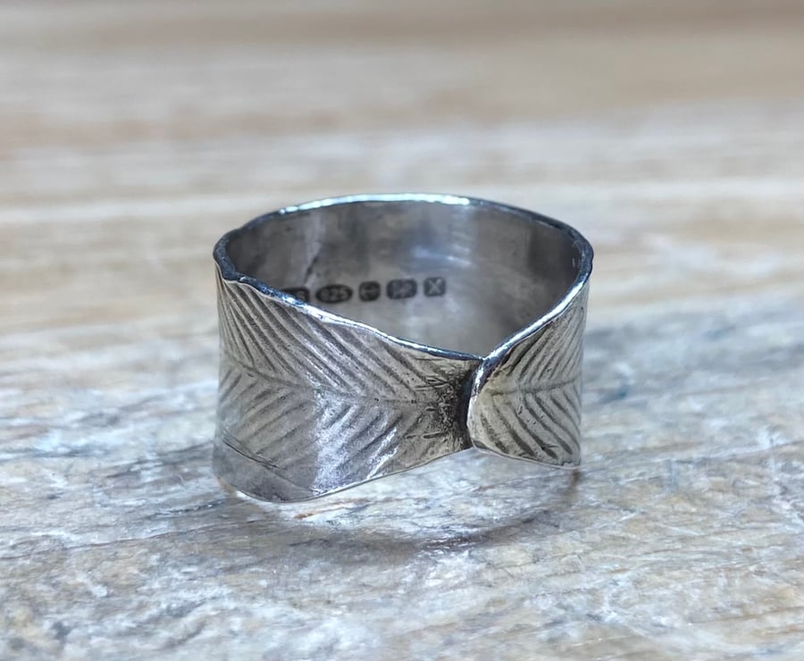 Handmade Sterling Silver Feather Detail Wide Wrap Ring