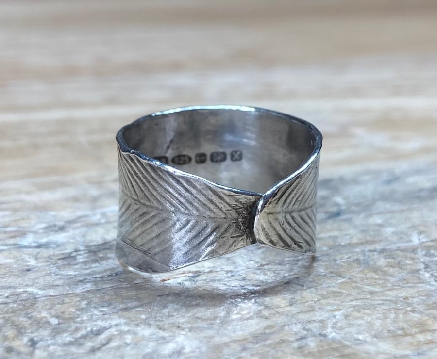 Handmade Sterling Silver Feather Detail Wide Wrap Ring