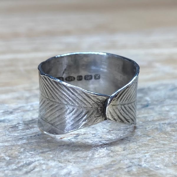 Handmade Sterling Silver Feather Detail Wide Wrap Ring