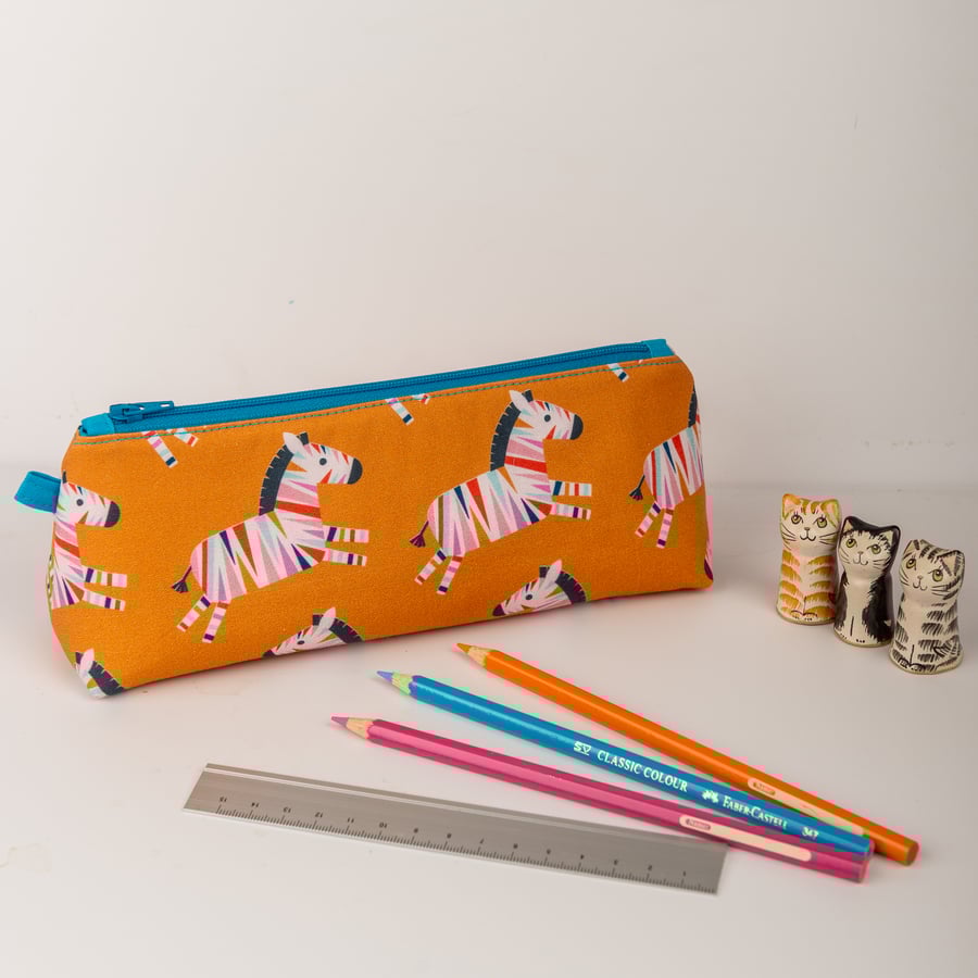 Zebra pencil case – handmade cotton zip pouch with padded lining and clip tag