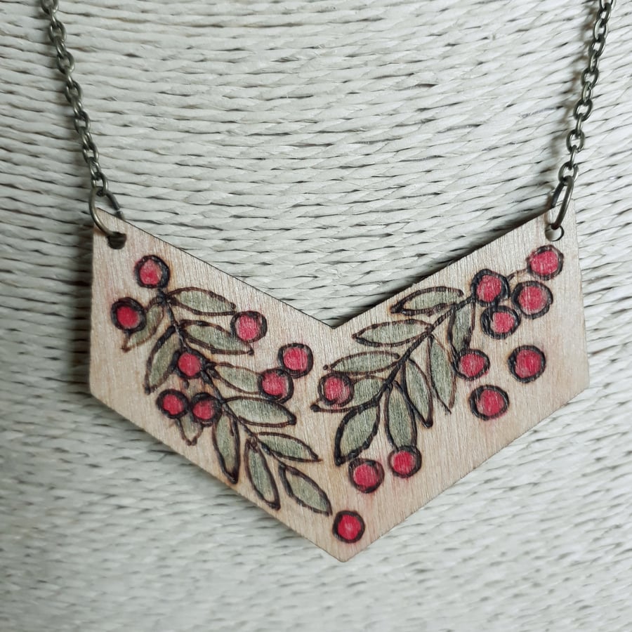 Pyrography rowan berries & leaves pendant
